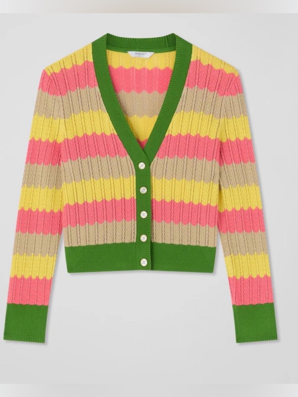 LK Bennett Pink, Yellow & Green Striped V-Neck Cotton Cardigan - Picture 2 of 11